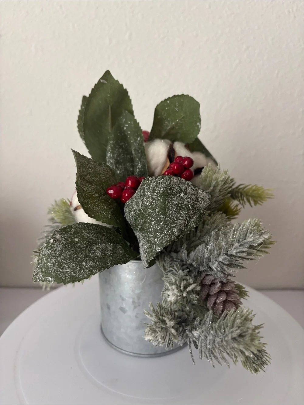 Holiday Pine and Berry Table Centerpiece - Green & Red 8 1-2” t